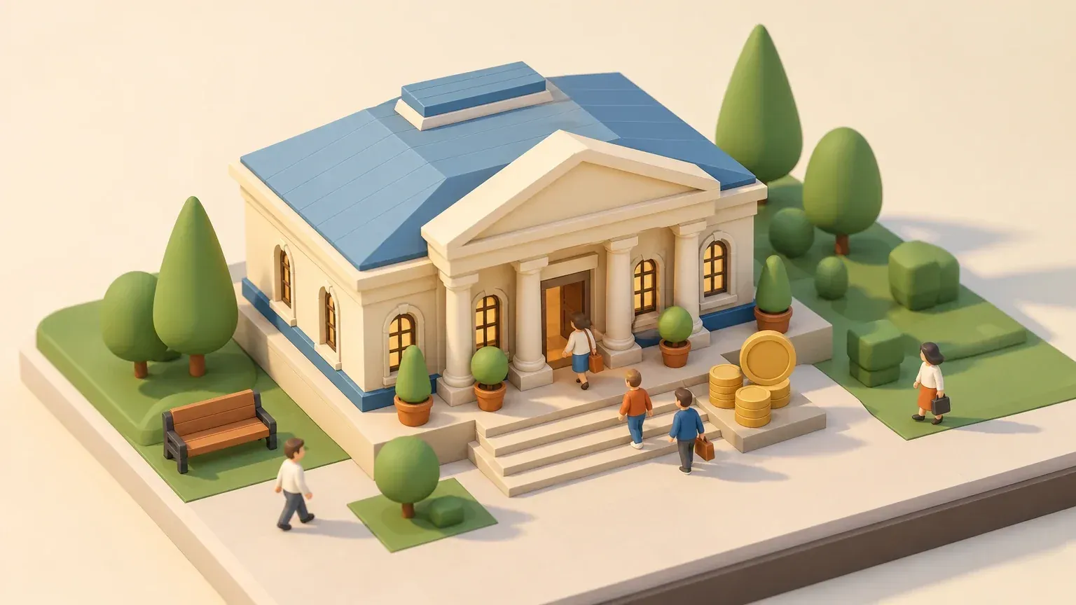 The bank with columns and wide steps