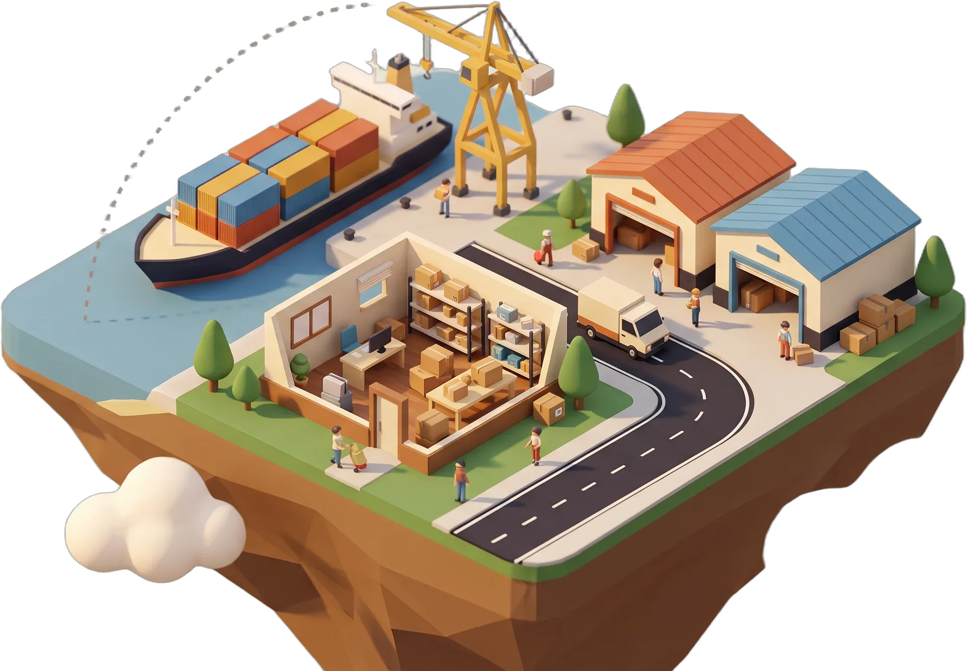 The whole SimSeller island: a port, warehouses and your office