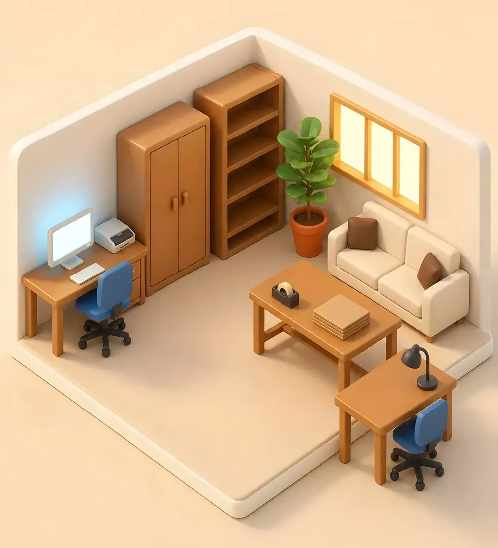 Your office: desks, shelves and a sofa