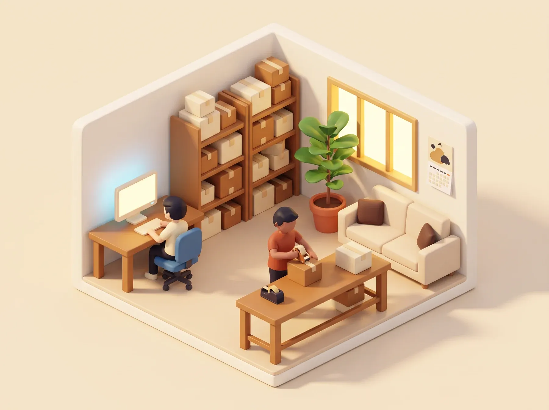 Your office from above: a desk, a packer and shelves of boxes