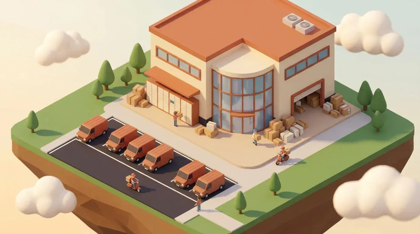 The Wildbay marketplace warehouse with delivery vans